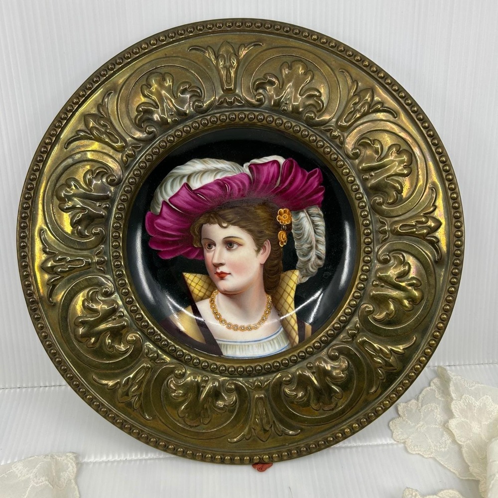 Antique Ornate Hand Painted Portrait Plate Filigree Metal Circle Frame Wall Art